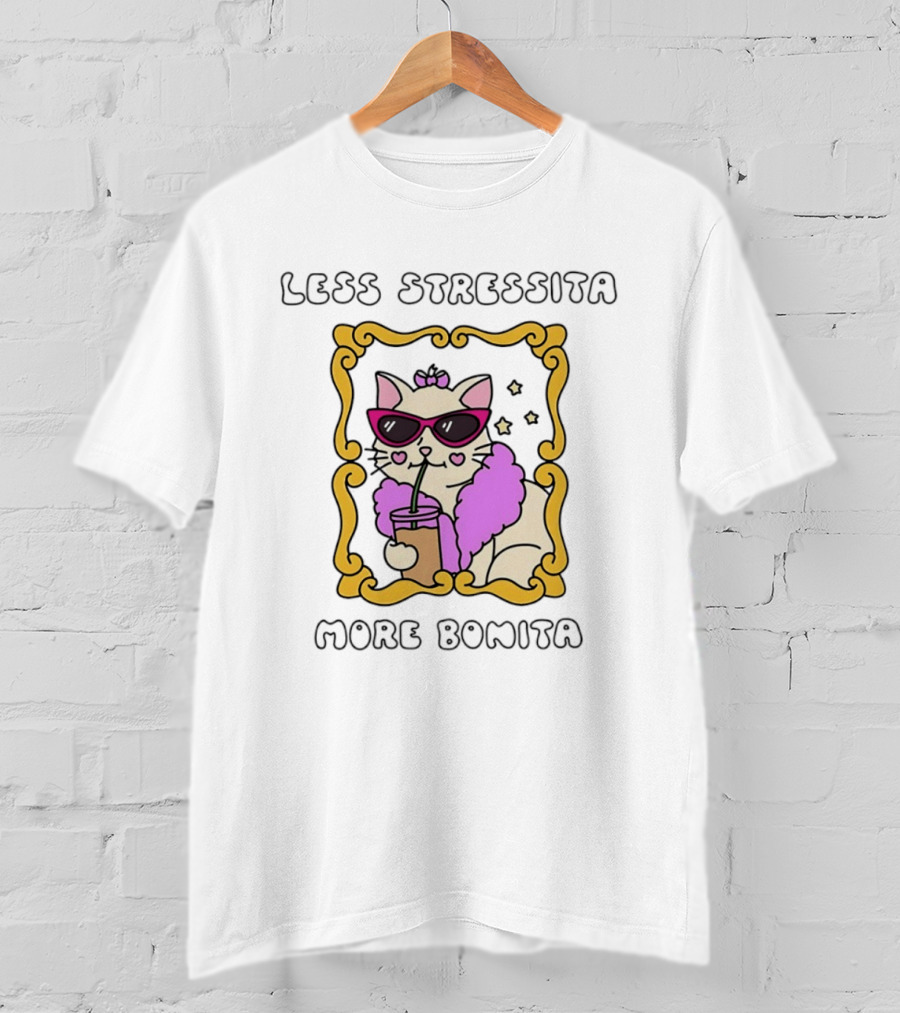Less Stressita More Bonita Cat With Sunglasses And Drink Framed In Yellow Border T-Shirt