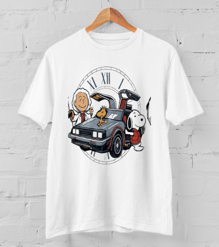Peanuts Characters With DeLorean Time Machine And T-Shirt