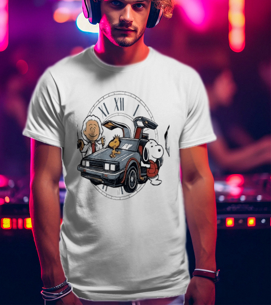 Peanuts Characters With DeLorean Time Machine And T-Shirt