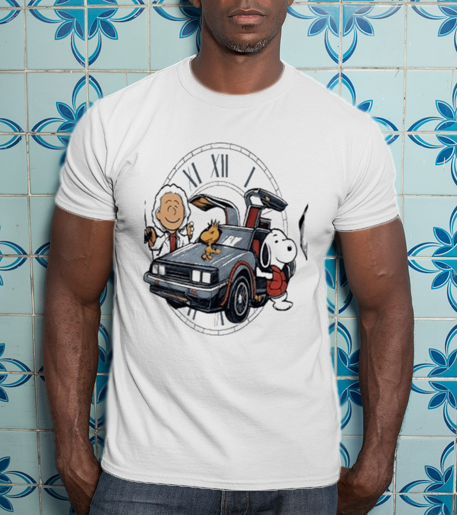 Peanuts Characters With DeLorean Time Machine And T-Shirt