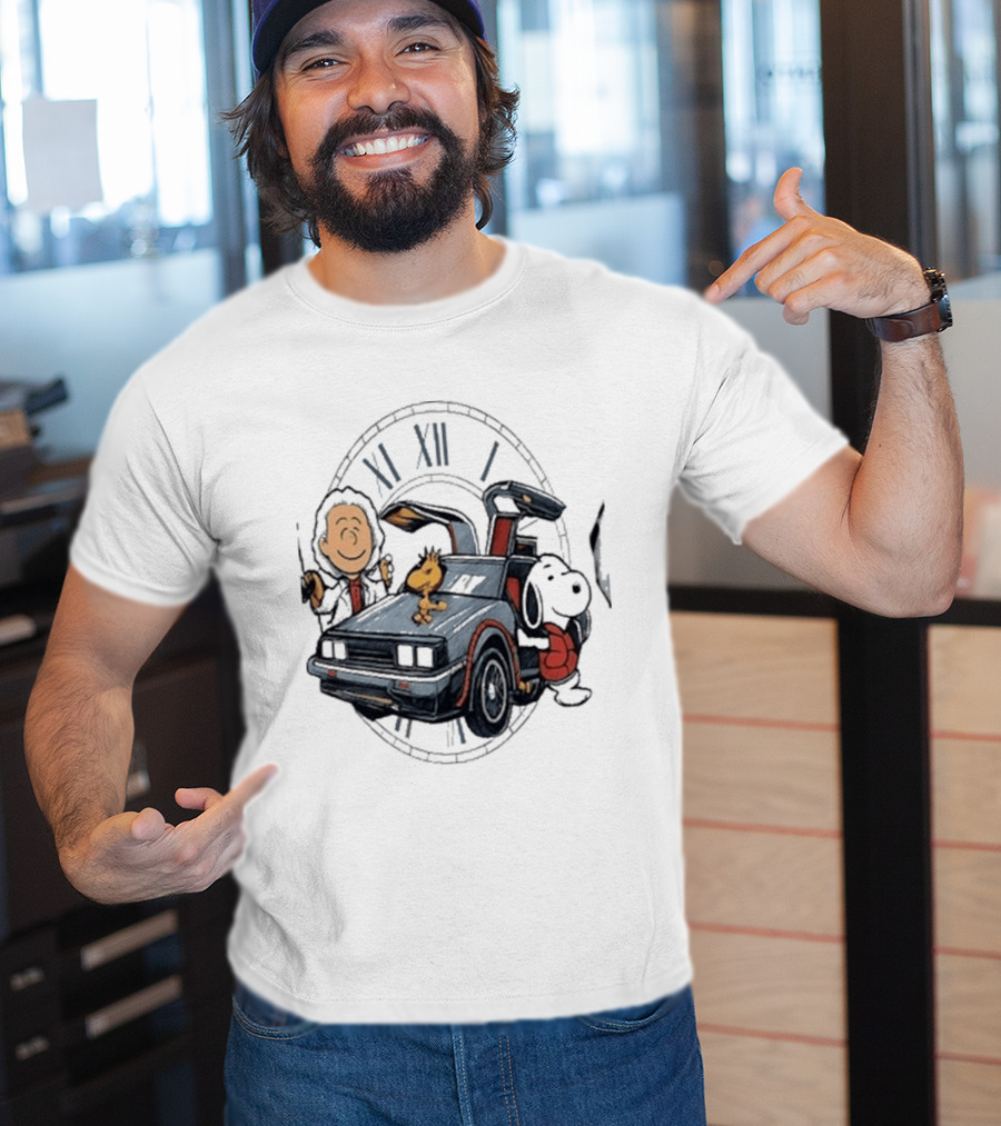 Peanuts Characters With DeLorean Time Machine And T-Shirt