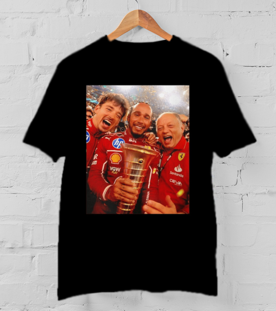 Charles Leclerc Lewis Hamilton Frederic Vasseur Ferrari Victory Celebration Trophy BP Shell Santander CEVA Racing T-Shirt