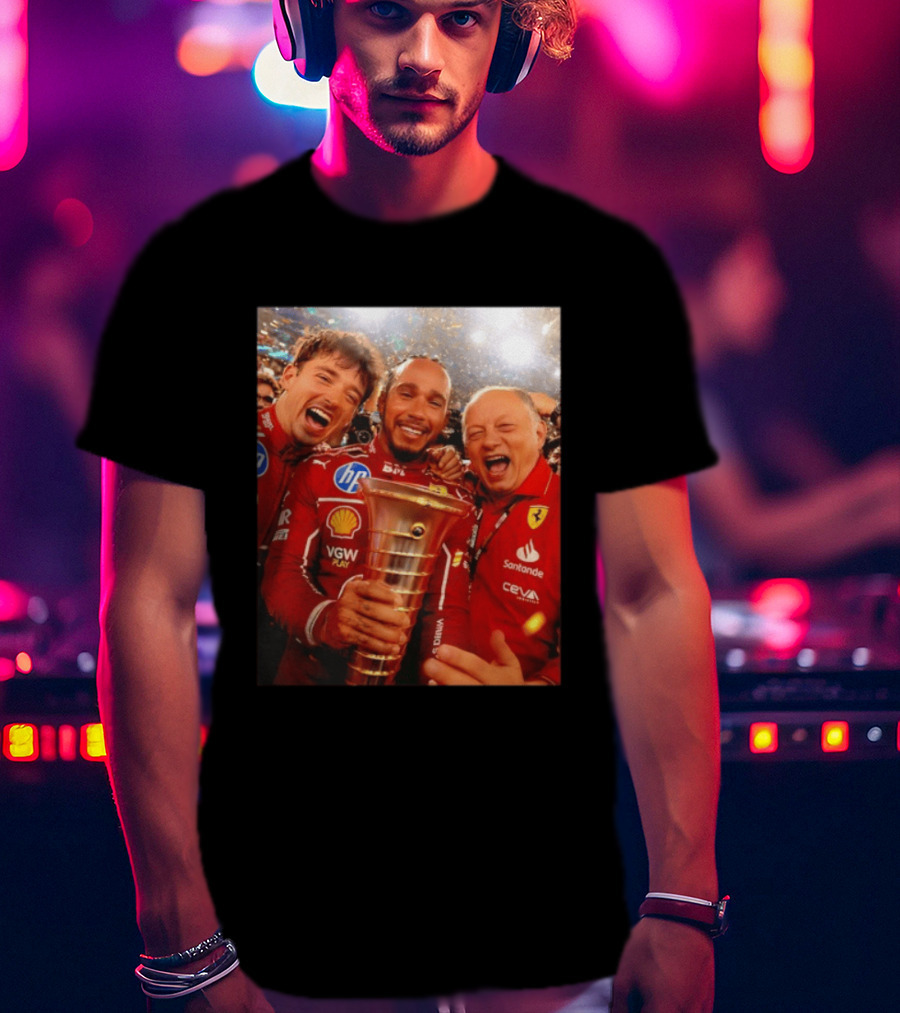 Charles Leclerc Lewis Hamilton Frederic Vasseur Ferrari Victory Celebration Trophy BP Shell Santander CEVA Racing T-Shirt