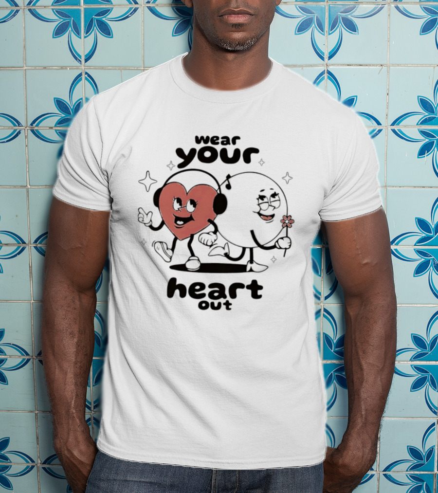 Wear Your Heart Out Love Aesthetic Headphones And Flower Cartoon Characters T-Shirt