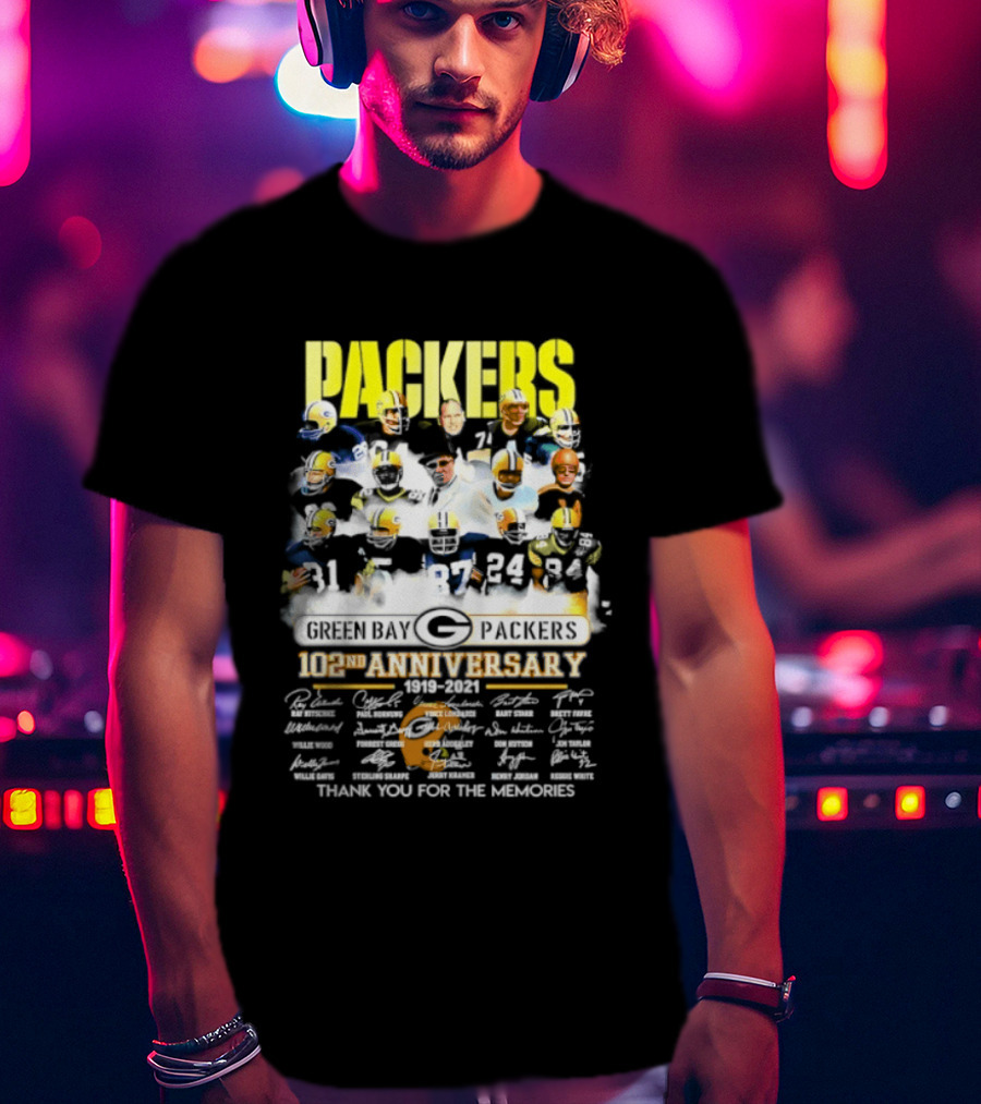 Green Bay Packers 102nd Anniversary 1919 2021 Thank You For The Memories Packers Legends Signatures Collection T-Shirt