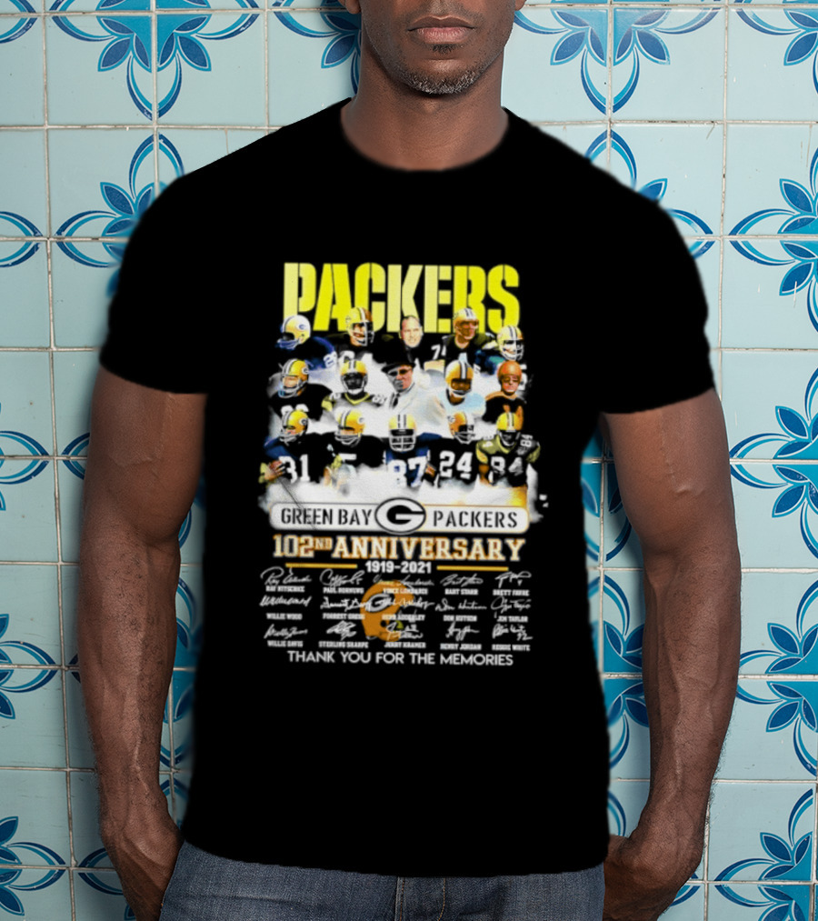 Green Bay Packers 102nd Anniversary 1919 2021 Thank You For The Memories Packers Legends Signatures Collection T-Shirt