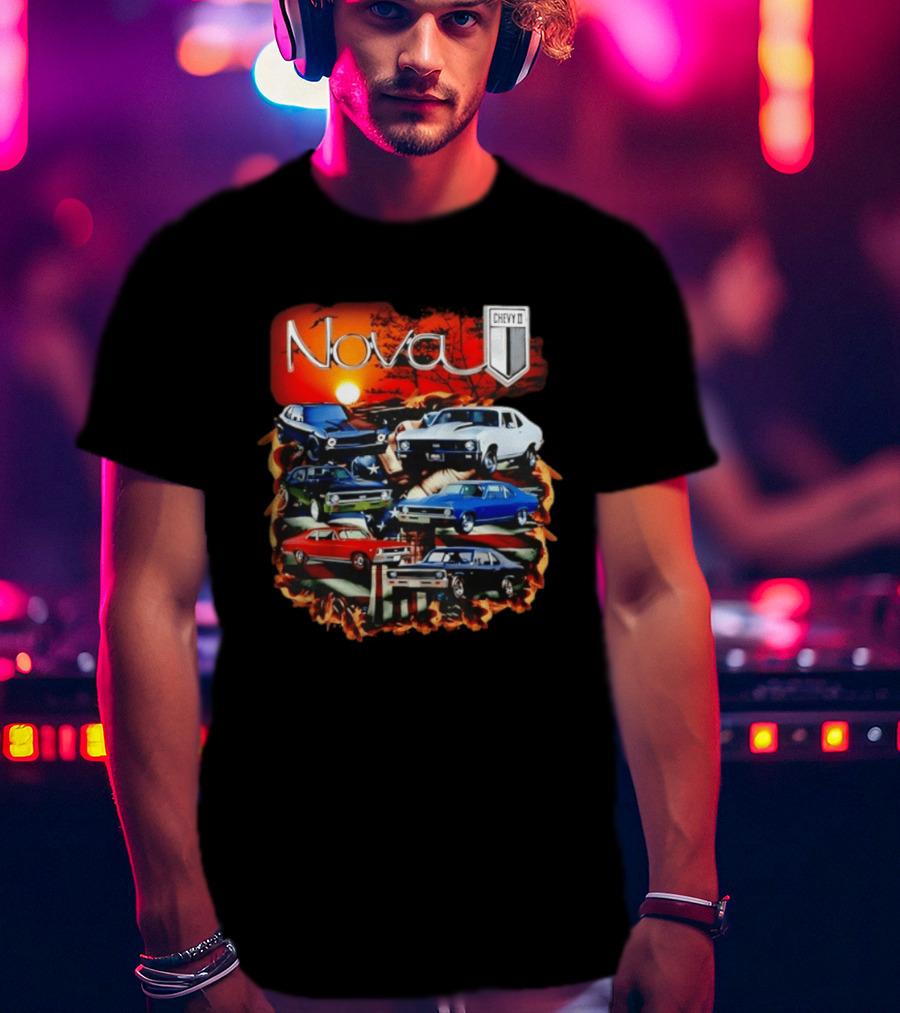 Nova Chevy II American Flag Muscle Car Collection Vintage Sunset T-Shirt