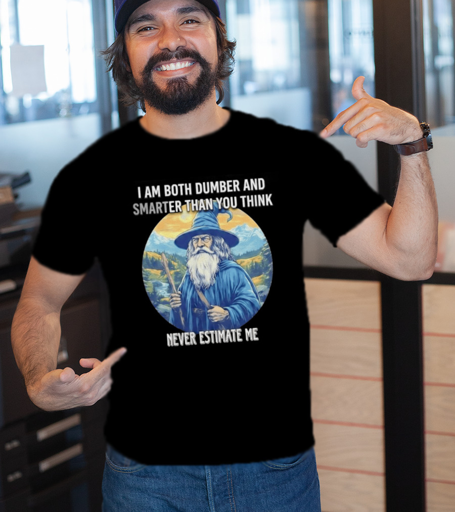 I Am Both Dumber And Smarter Than You Think Never Estimate Me Wizard Blue Robe And Hat Mountain T-Shirt