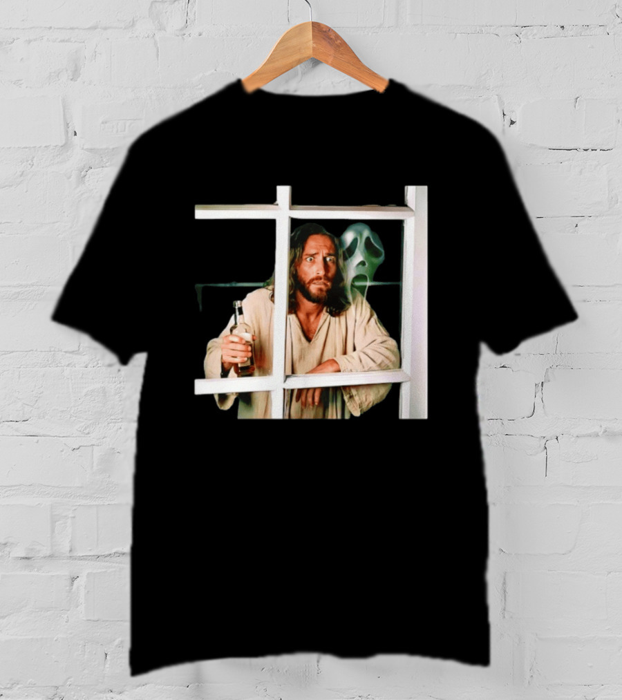 Jesus Drinking Whiskey With Ghostface Killer Behind Window T-Shirt