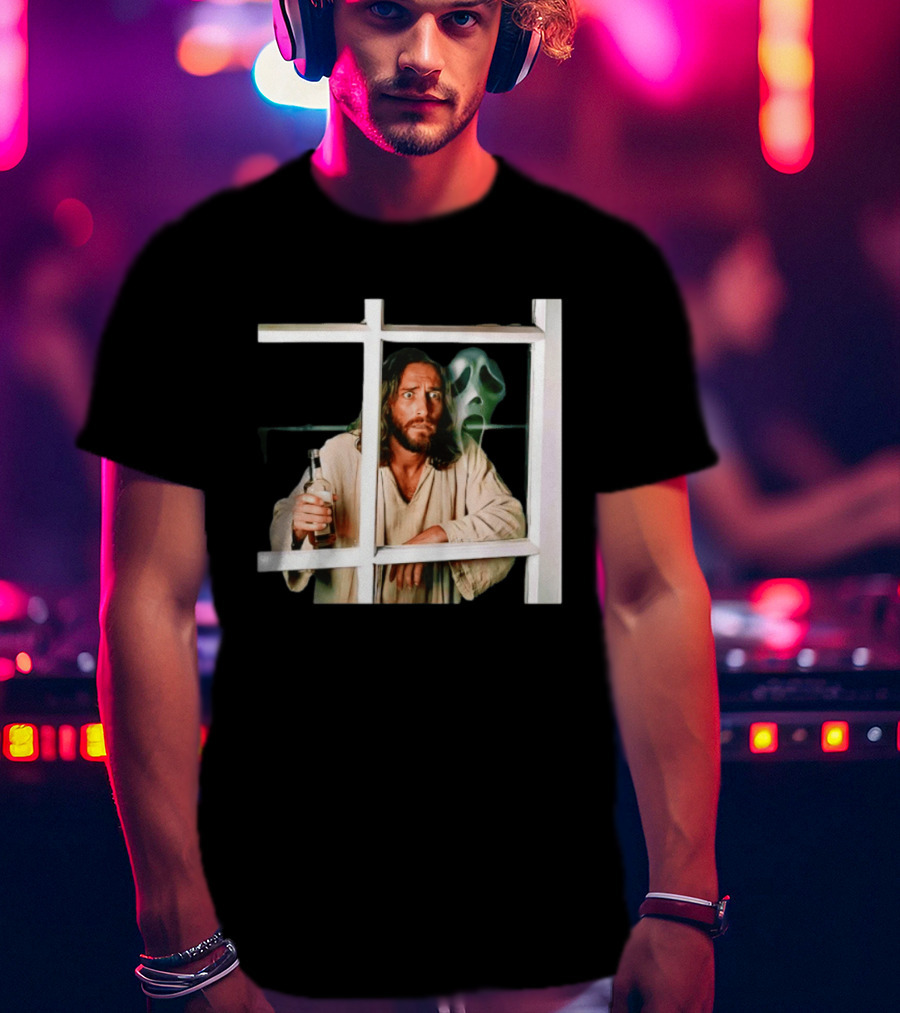 Jesus Drinking Whiskey With Ghostface Killer Behind Window T-Shirt