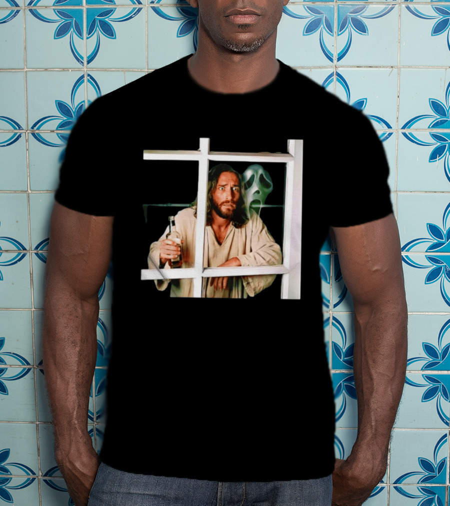 Jesus Drinking Whiskey With Ghostface Killer Behind Window T-Shirt