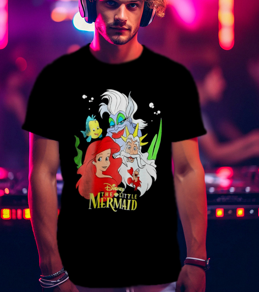 Disney The Little Mermaid Ariel Ursula King Triton Flounder Characters T-Shirt