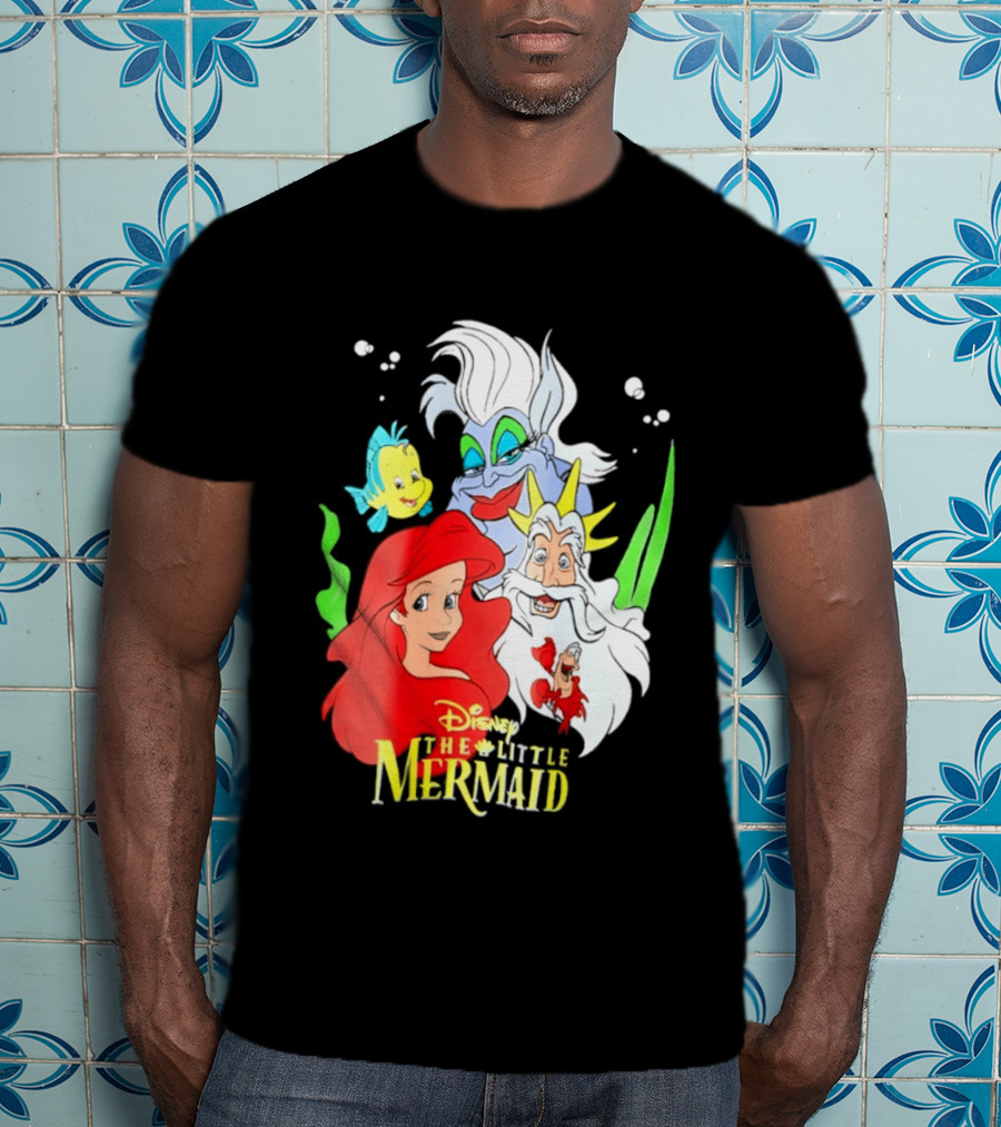 Disney The Little Mermaid Ariel Ursula King Triton Flounder Characters T-Shirt