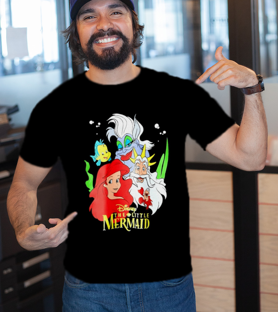 Disney The Little Mermaid Ariel Ursula King Triton Flounder Characters T-Shirt