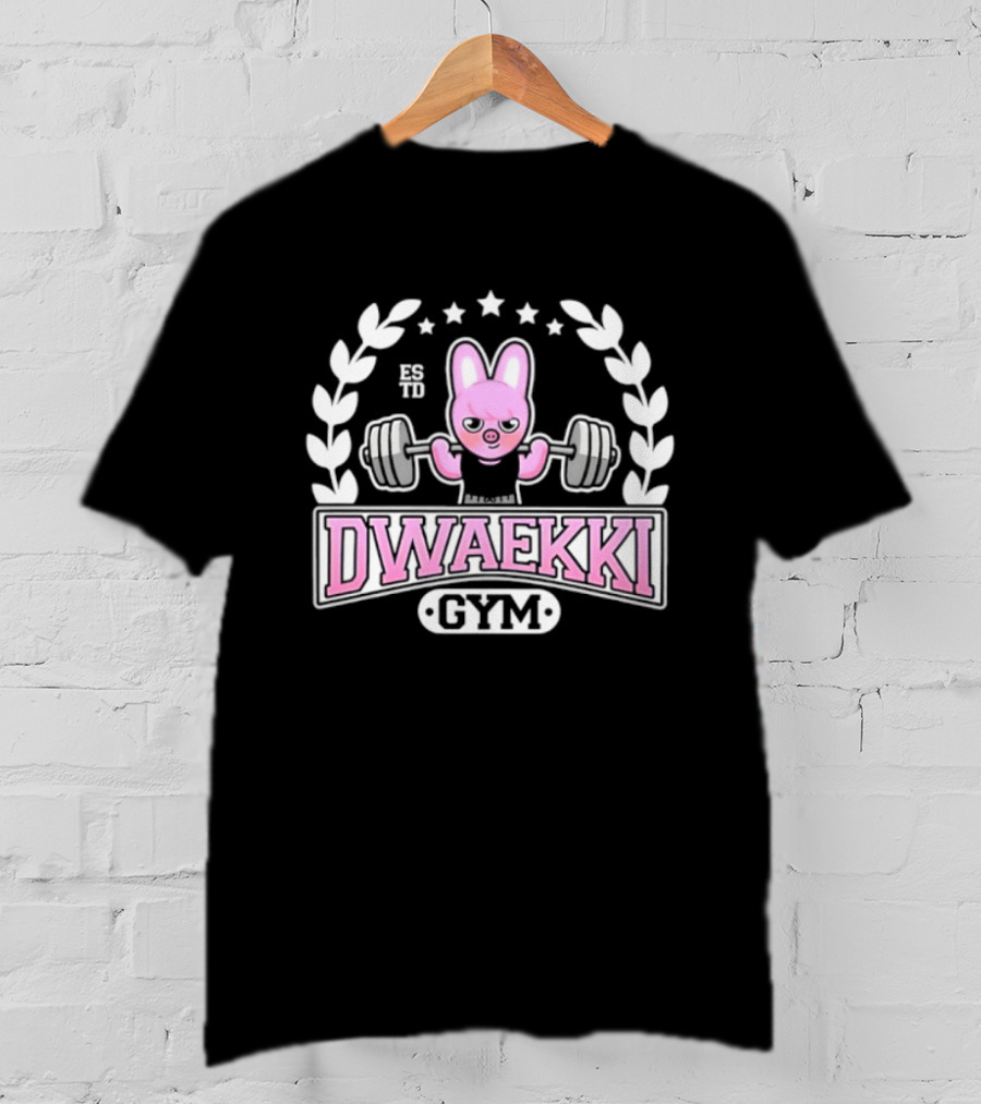 Dwaekki Gym Stray Hyunjin SKZOO K Pop Weightlifting Bunny Character Fitness Fan Gear T-Shirt