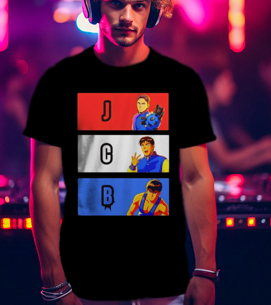 JCB Anime Characters Red White Blue Panels T-Shirt