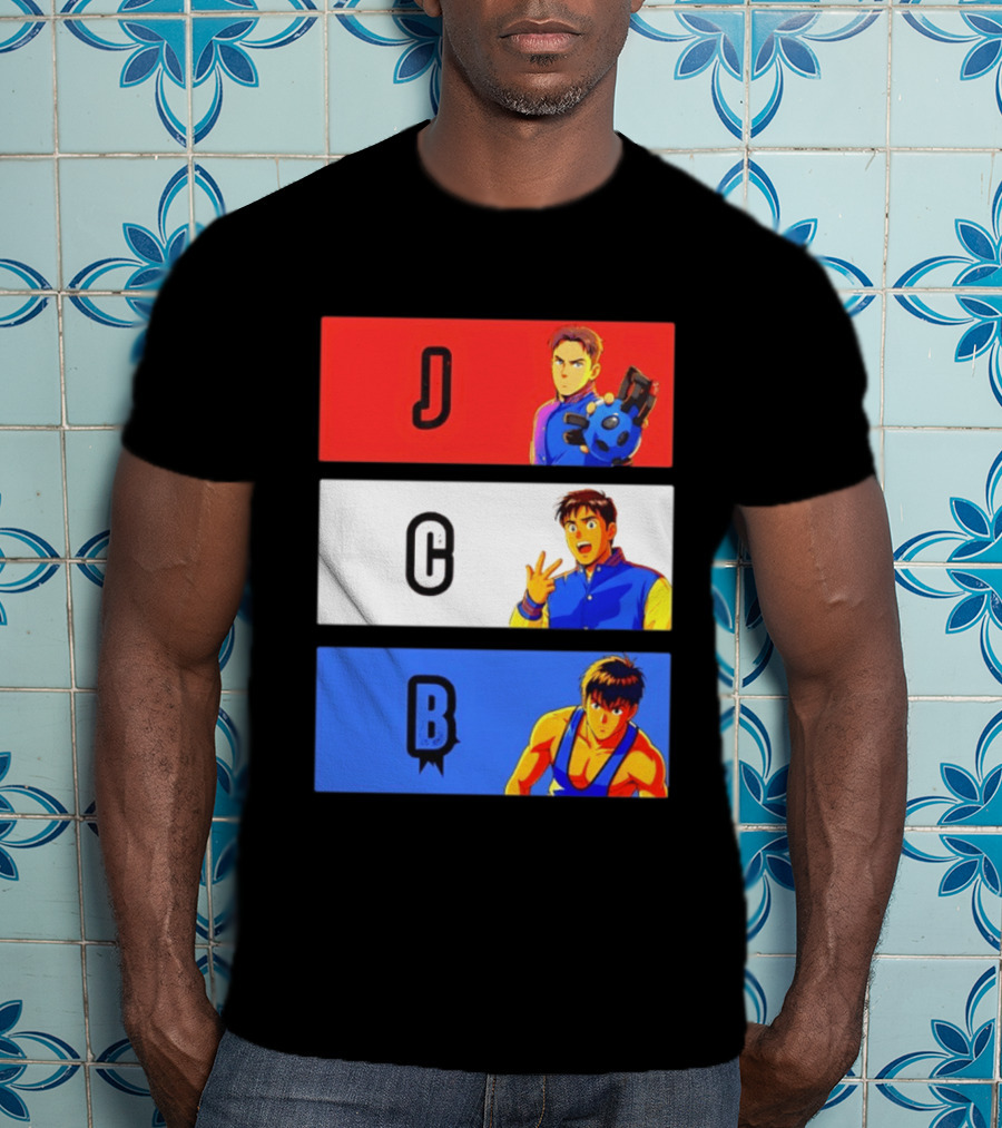 JCB Anime Characters Red White Blue Panels T-Shirt