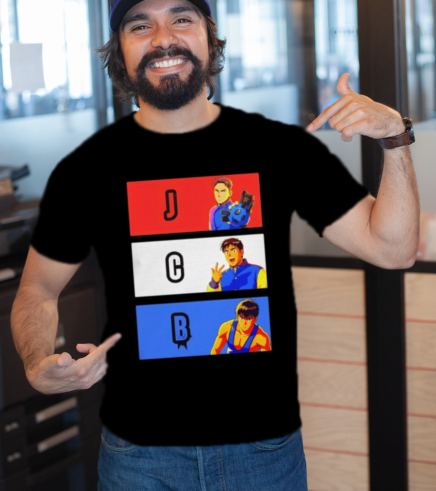 JCB Anime Characters Red White Blue Panels T-Shirt