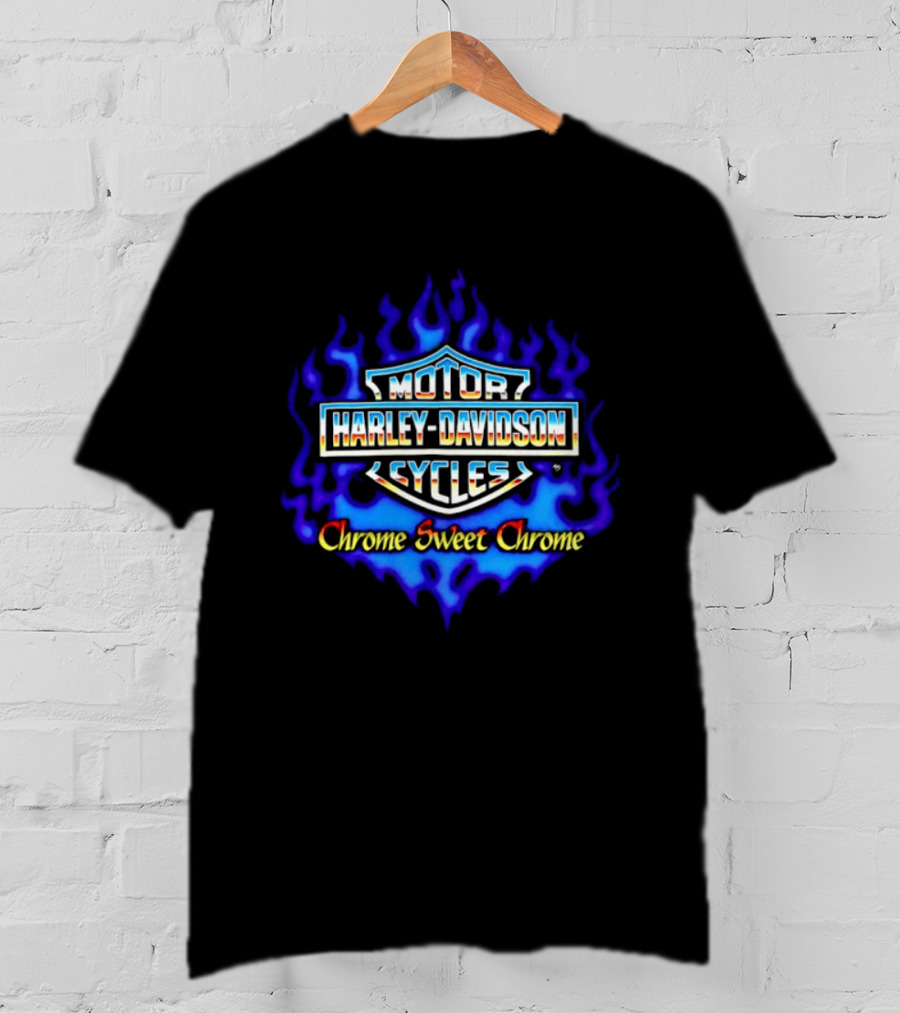 Harley Davidson Motor Cycles Chrome Sweet Chrome Blue Flames T-Shirt