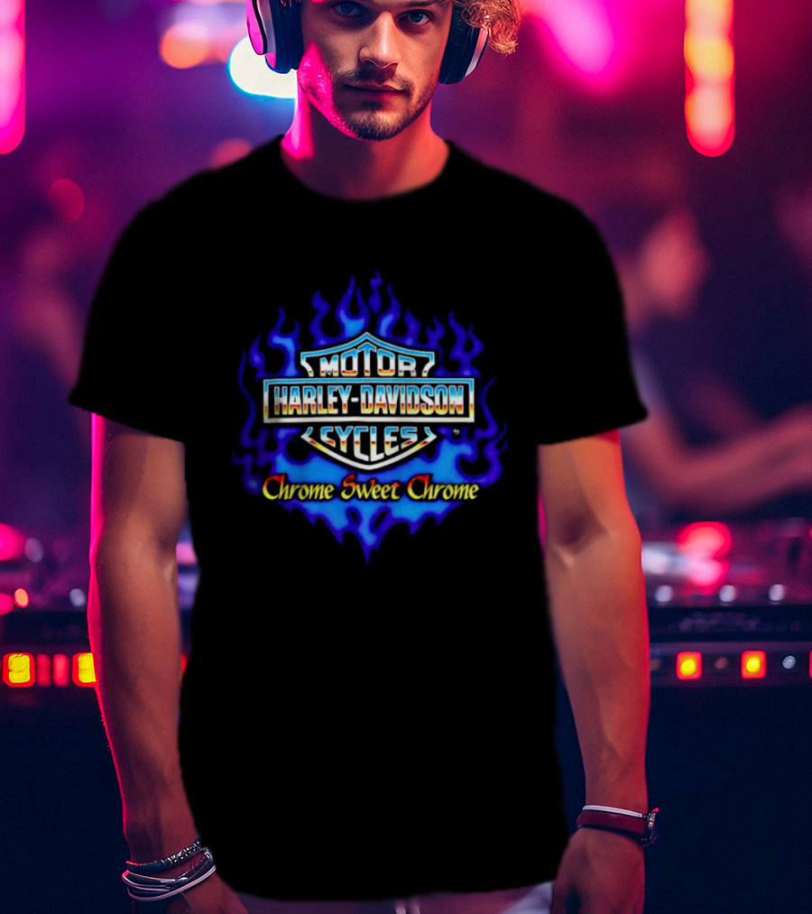 Harley Davidson Motor Cycles Chrome Sweet Chrome Blue Flames T-Shirt