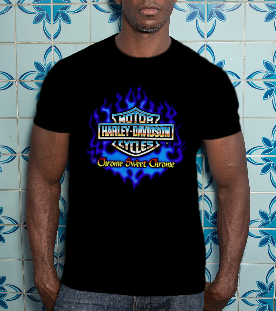 Harley Davidson Motor Cycles Chrome Sweet Chrome Blue Flames T-Shirt