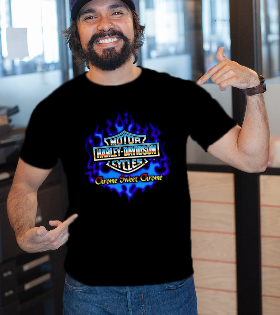 Harley Davidson Motor Cycles Chrome Sweet Chrome Blue Flames T-Shirt