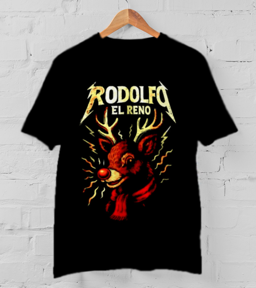 Rodolfo El Reno Heavy Metal Reindeer Christmas Lightning Antlers T-Shirt