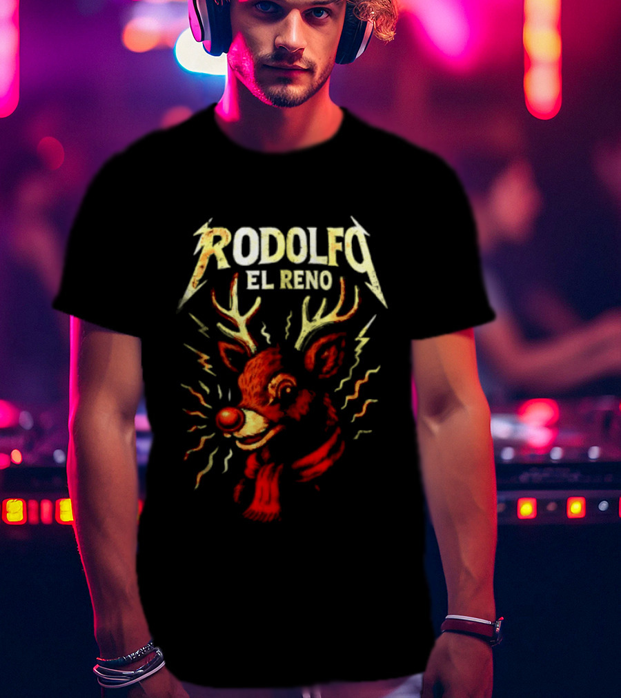 Rodolfo El Reno Heavy Metal Reindeer Christmas Lightning Antlers T-Shirt
