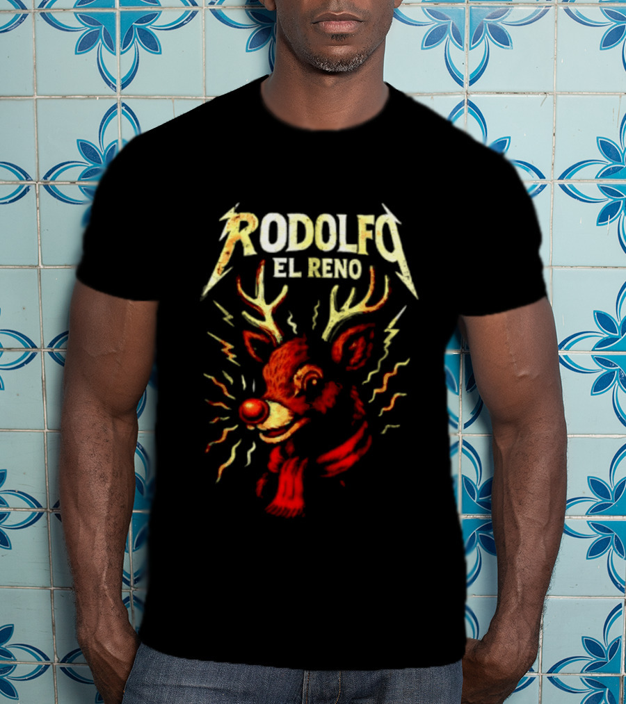 Rodolfo El Reno Heavy Metal Reindeer Christmas Lightning Antlers T-Shirt