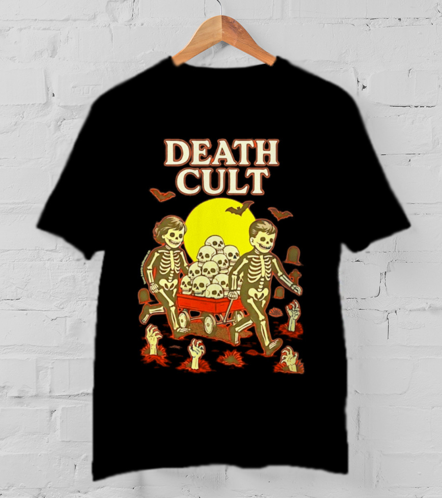 Death Cult Skeleton Kids Hauling Skull Filled Wagon With Rising Hands And Bats T-Shirt