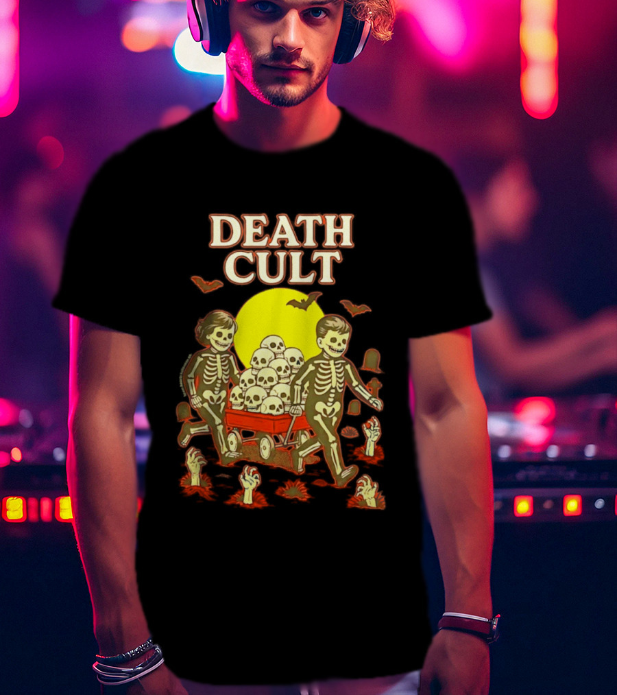 Death Cult Skeleton Kids Hauling Skull Filled Wagon With Rising Hands And Bats T-Shirt
