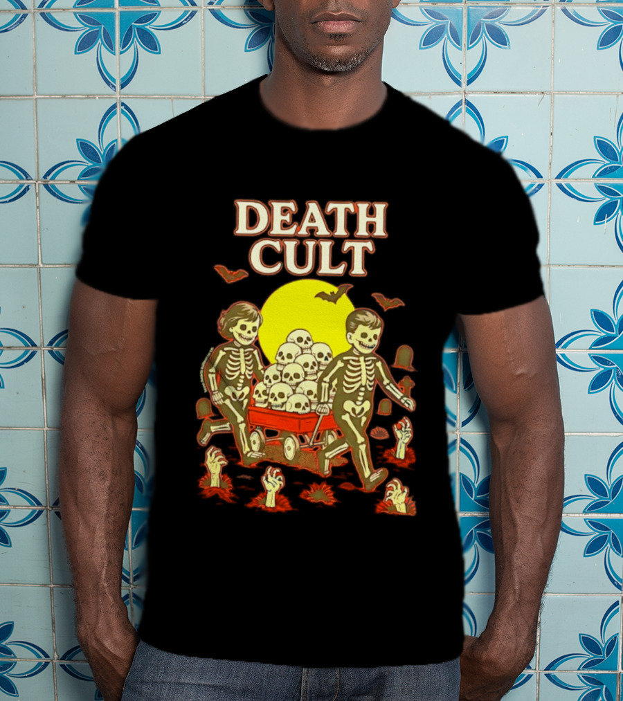 Death Cult Skeleton Kids Hauling Skull Filled Wagon With Rising Hands And Bats T-Shirt