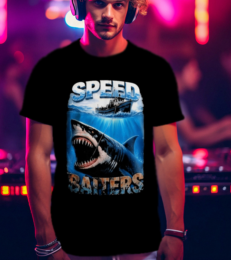 Speed Baiters Shark With Boat And Ocean T-Shirt