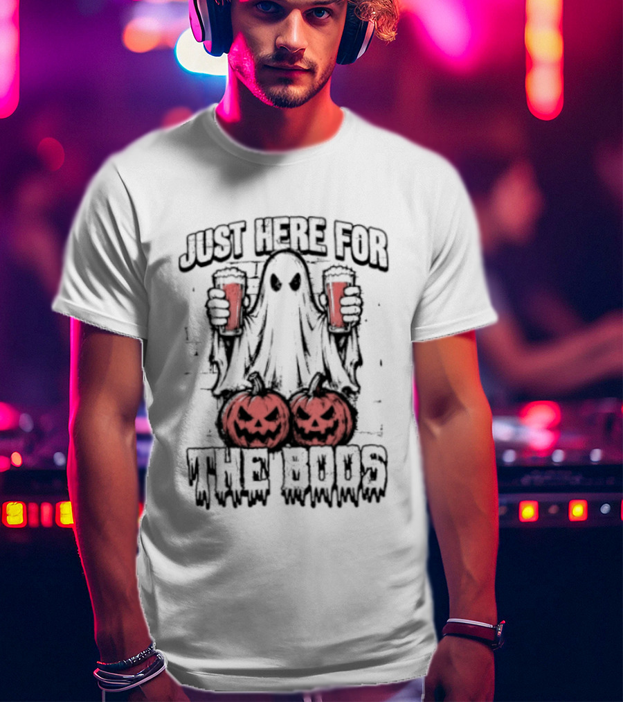 Just Here For The Boos Ghost With Beers And Pumpkins Halloween T-Shirt