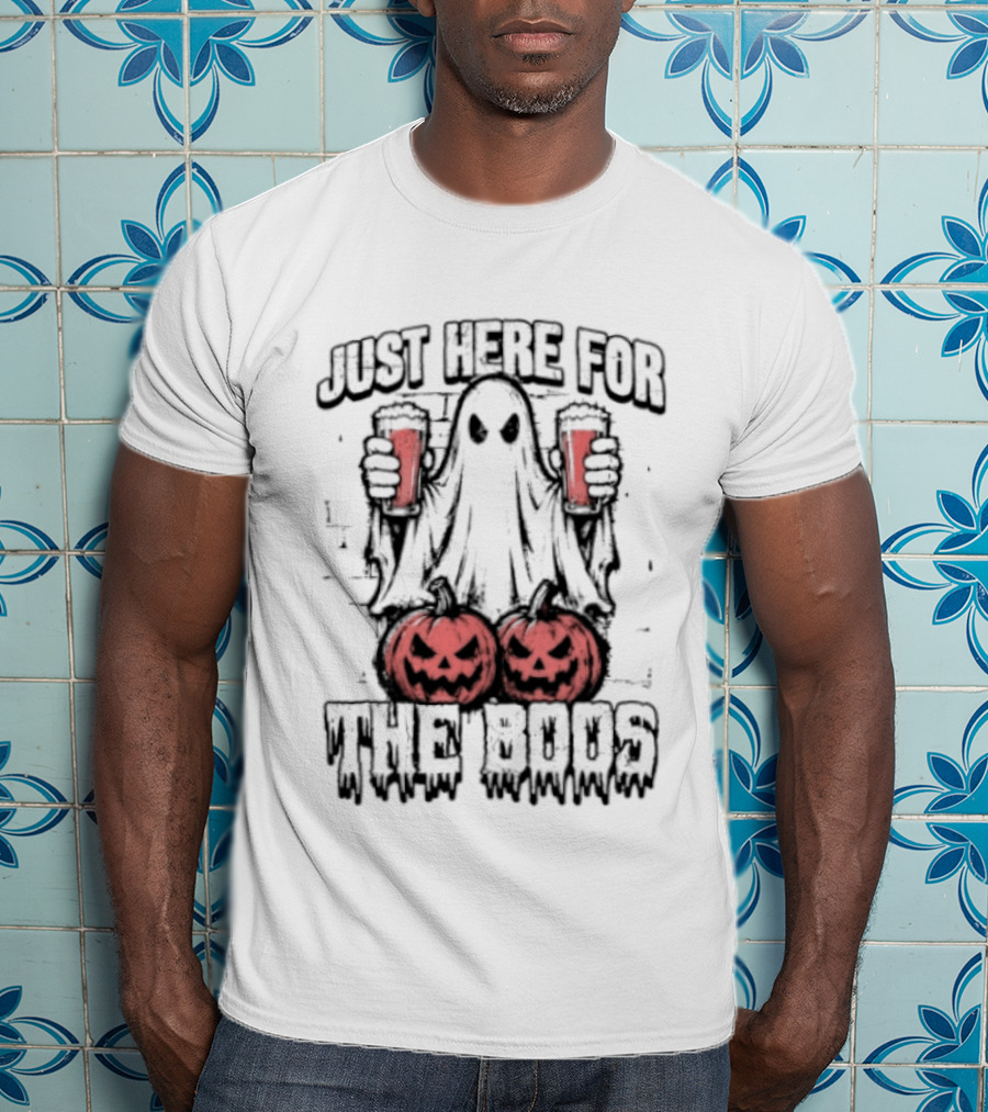 Just Here For The Boos Ghost With Beers And Pumpkins Halloween T-Shirt