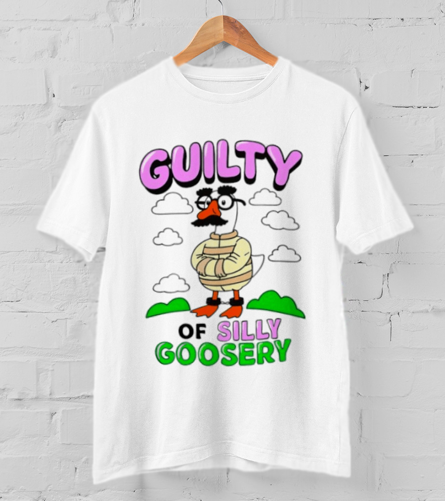 Guilty Of Silly Goosery Cartoon Goose In Striped Suit T-Shirt
