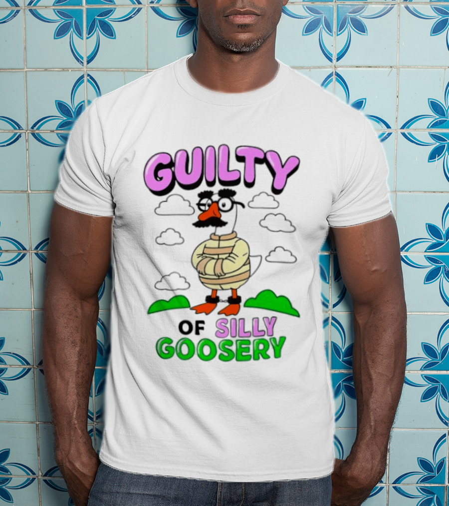 Guilty Of Silly Goosery Cartoon Goose In Striped Suit T-Shirt