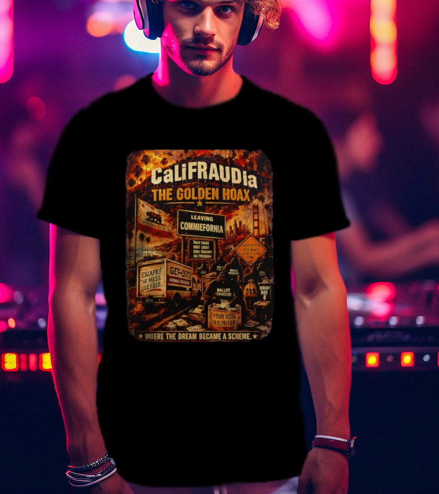 CaliFRAUDia The Golden Hoax Leaving Commiefornia Escape The Mess Live Free T-Shirt
