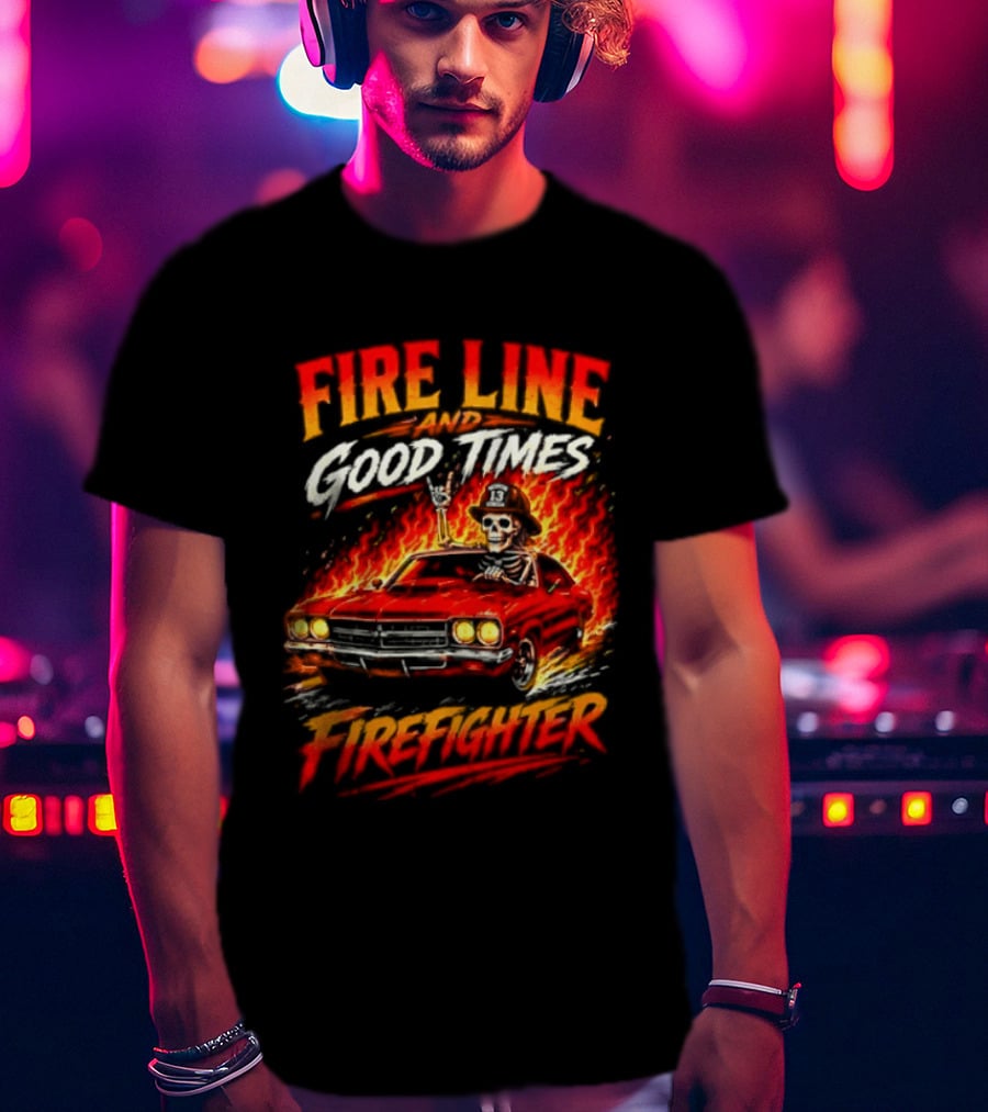 Fire Line Good Times Firefighter Skeleton In Flaming Car T-Shirt
