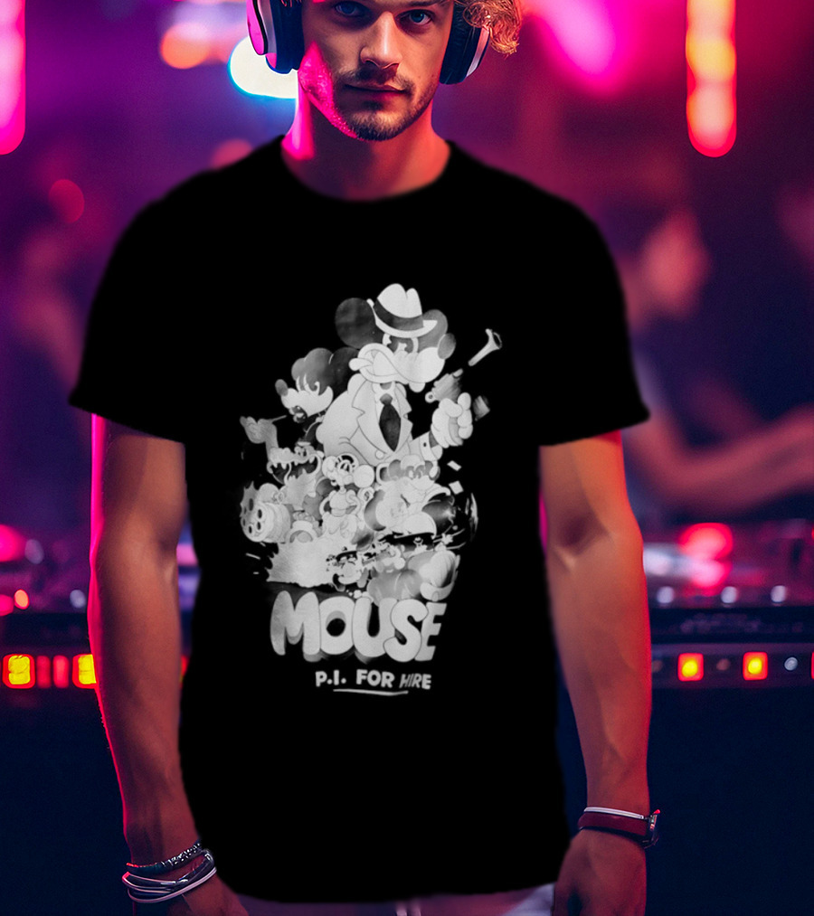 Mouse PI For Hire Vintage Detective Noir Cartoon Mystery T-Shirt