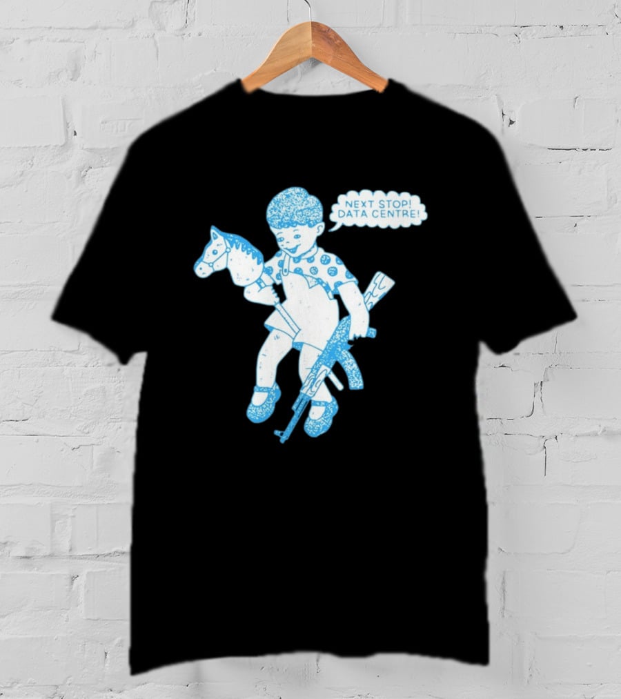 Next Stop Data Centre Kid With Hobby Horse And Toy Rifle Tech Humor T-Shirt