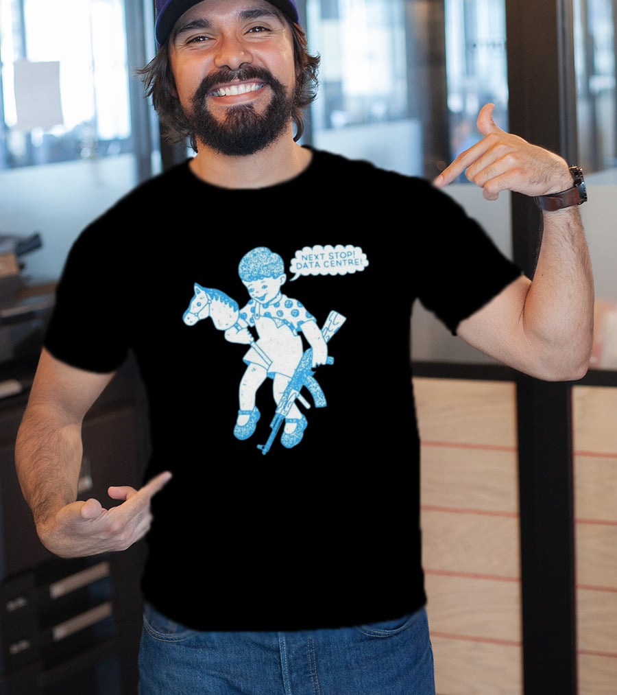 Next Stop Data Centre Kid With Hobby Horse And Toy Rifle Tech Humor T-Shirt