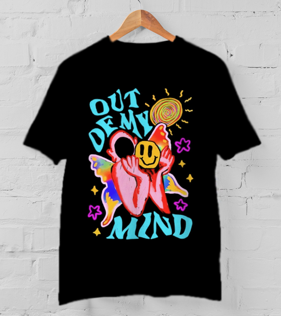 Out Of My Mind Smiley Face Butterfly Psychedelic Sunburst Fantasy Flowers T-Shirt