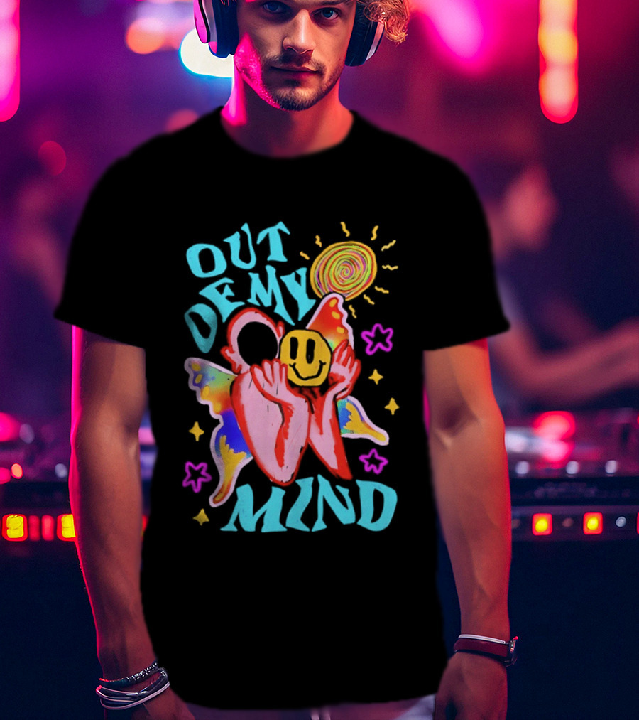 Out Of My Mind Smiley Face Butterfly Psychedelic Sunburst Fantasy Flowers T-Shirt