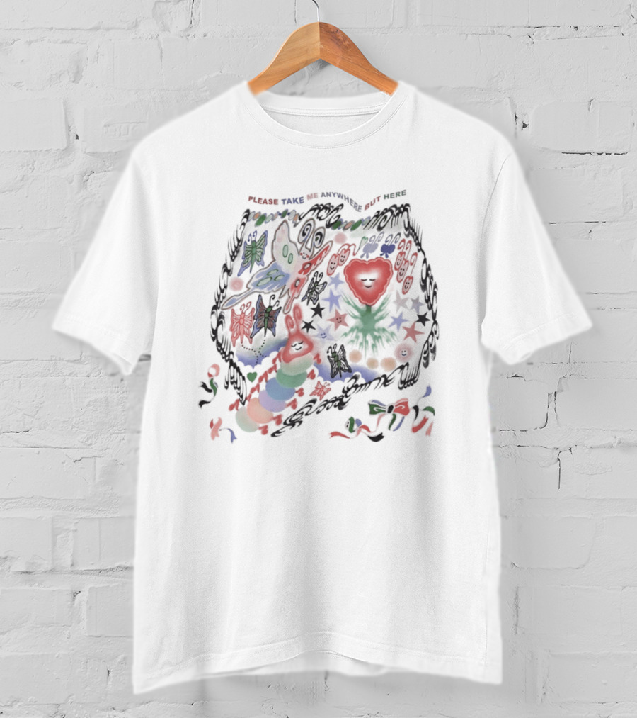 Please Take Me Anywhere But Here Colorful Butterflies And Heart T-Shirt