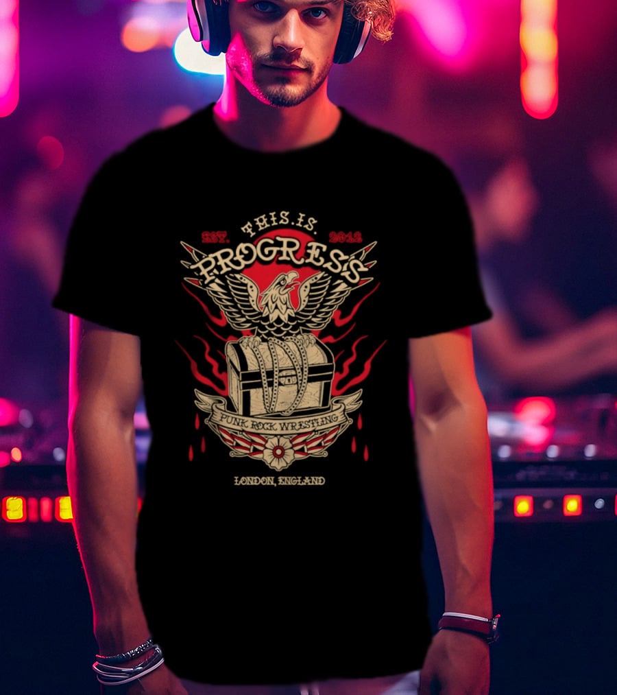 This Is Progress Punk Rock Wrestling London England Est. 2012 Eagle Chest Flames T-Shirt