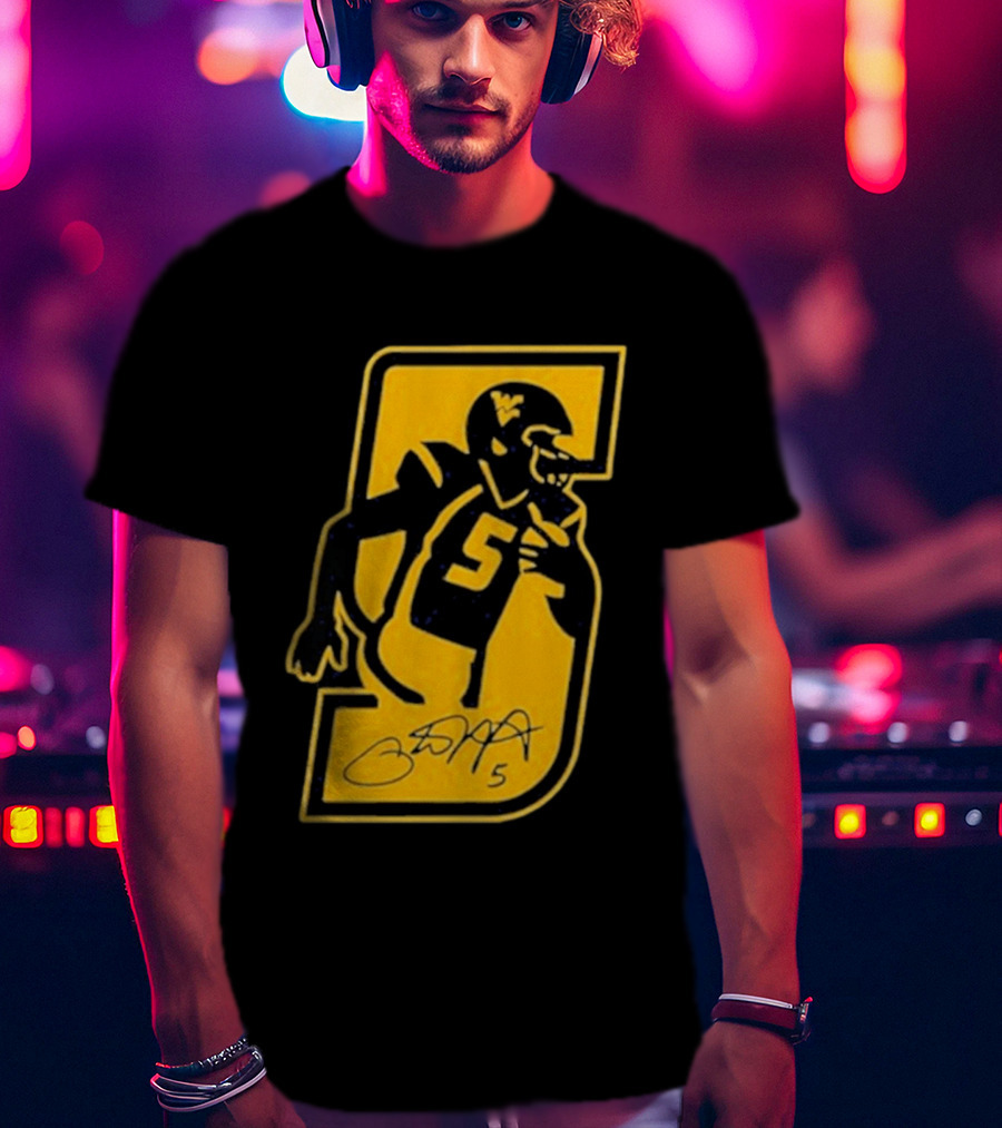 West Virginia Mountaineers Number 5 Retirement Football Icon With Signature T-Shirt