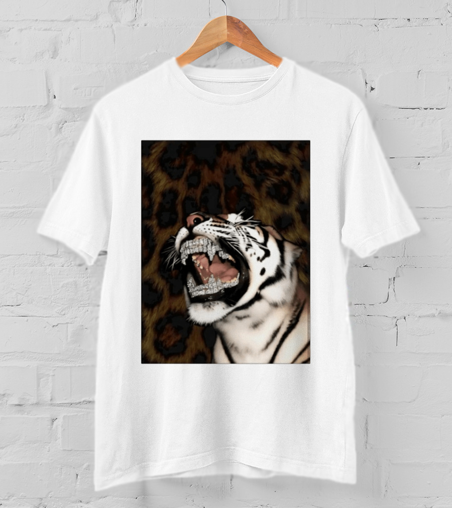 Tiger Diamond Grillz Iced Out Animal Roaring With Leopard Print T-Shirt