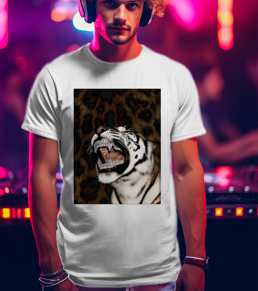 Tiger Diamond Grillz Iced Out Animal Roaring With Leopard Print T-Shirt