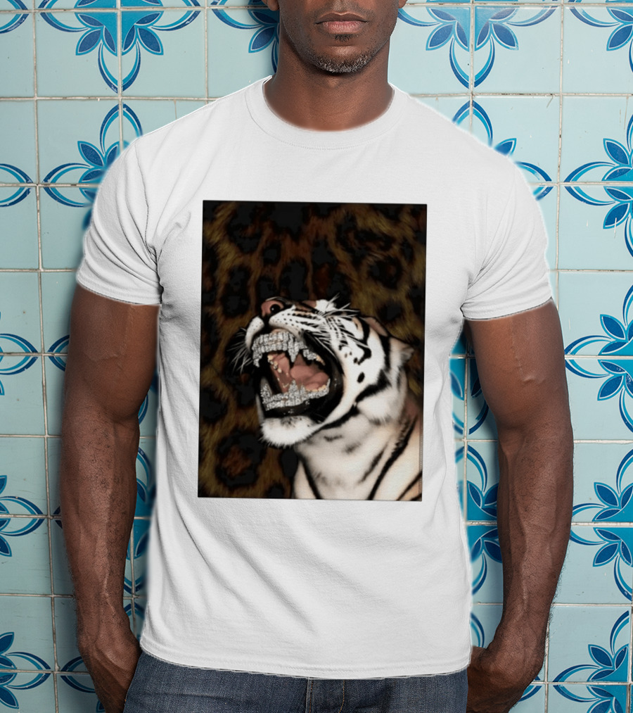 Tiger Diamond Grillz Iced Out Animal Roaring With Leopard Print T-Shirt